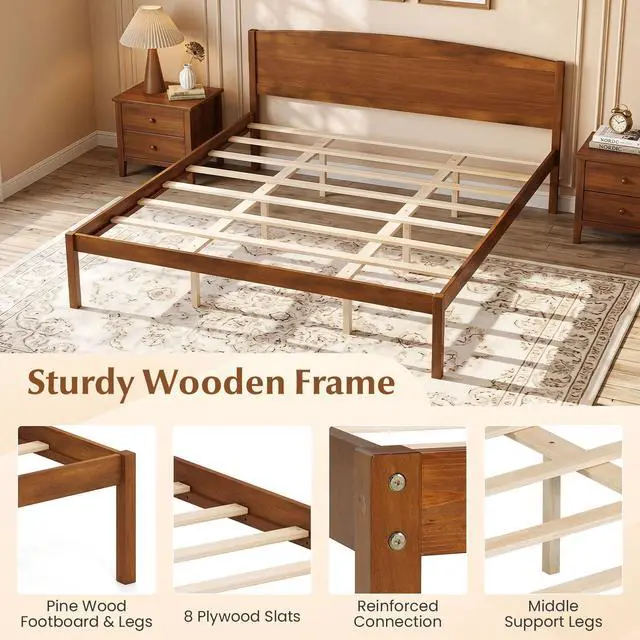Alt view image 5 of 7 - GIANTEX King Size Wooden Bed Frame with Curved Headboard, Wood Slat Support
