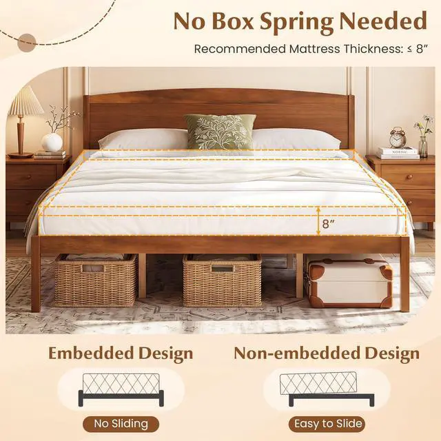 Alt view image 7 of 7 - GIANTEX King Size Wooden Bed Frame with Curved Headboard, Wood Slat Support