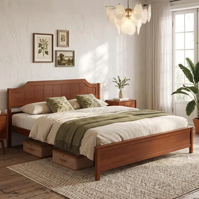 Alt view image 2 of 7 - GIANTEX King Size Wooden Bed Frame with Headboard, Wood Slat Support