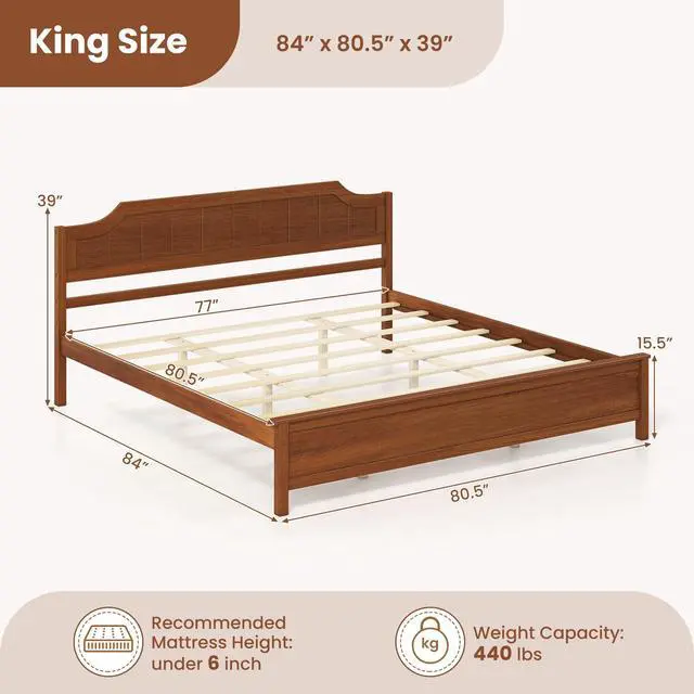Alt view image 3 of 7 - GIANTEX King Size Wooden Bed Frame with Headboard, Wood Slat Support