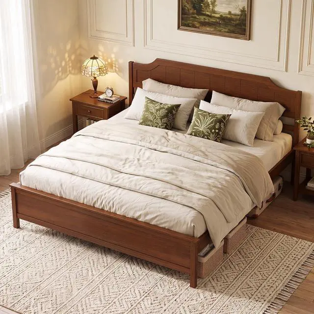 Alt view image 4 of 7 - GIANTEX King Size Wooden Bed Frame with Headboard, Wood Slat Support