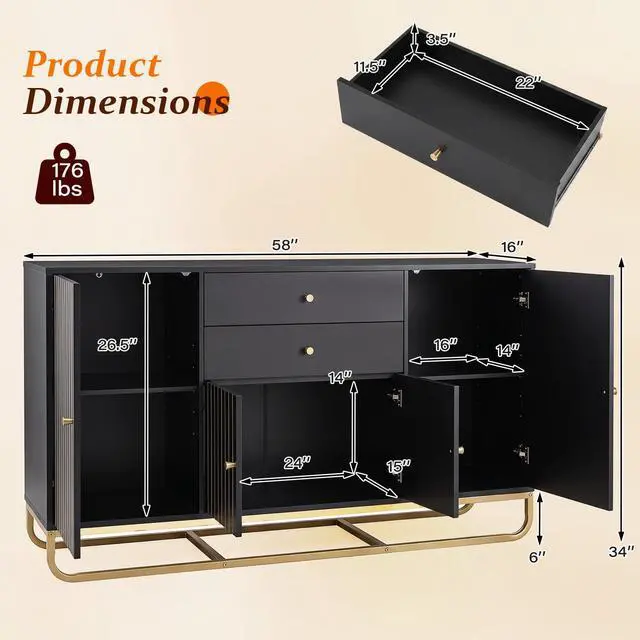 Alt view image 4 of 7 - GIANTEX Modern Sideboard Buffet Cabinet with Storage & 2 Drawers (Black)
