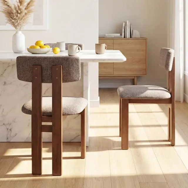 Alt view image 3 of 7 - GIANTEX Dining Chairs Set of 4, Upholstered Kitchen Chairs with Curved Backrest, Rubber Wood Dining Room Chairs, Modern Mid Century Accent Side Chairs for Living Room, Walnut & Grey