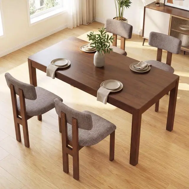 Alt view image 5 of 7 - GIANTEX Dining Chairs Set of 4, Upholstered Kitchen Chairs with Curved Backrest, Rubber Wood Dining Room Chairs, Modern Mid Century Accent Side Chairs for Living Room, Walnut & Grey