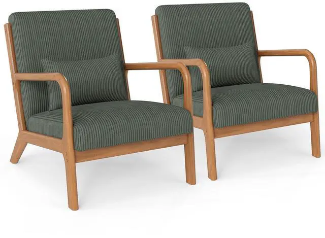 Main image of GIANTEX Modern Accent Chair, Corduroy Upholstered Lounge Chair with Rubber Wood Armrests, Lumbar Pillow, Sponge Padded Seat Cushion, Comfy Reading Chair for Living Room, Bedroom (2,Green + Brown)