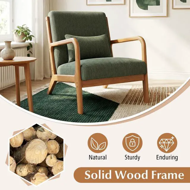 Alt view image 2 of 7 - GIANTEX Modern Accent Chair, Corduroy Upholstered Lounge Chair with Rubber Wood Armrests, Lumbar Pillow, Sponge Padded Seat Cushion, Comfy Reading Chair for Living Room, Bedroom (2,Green + Brown)