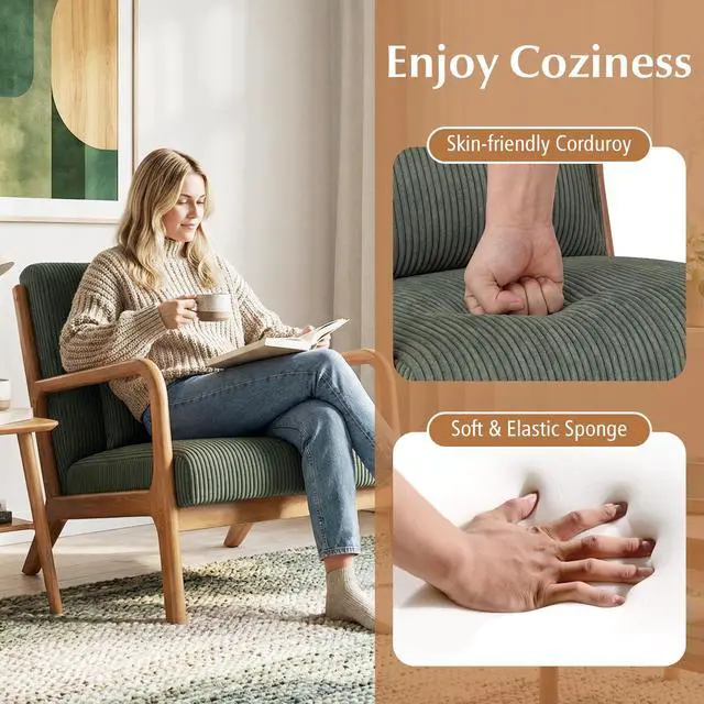 Alt view image 4 of 7 - GIANTEX Modern Accent Chair, Corduroy Upholstered Lounge Chair with Rubber Wood Armrests, Lumbar Pillow, Sponge Padded Seat Cushion, Comfy Reading Chair for Living Room, Bedroom (2,Green + Brown)