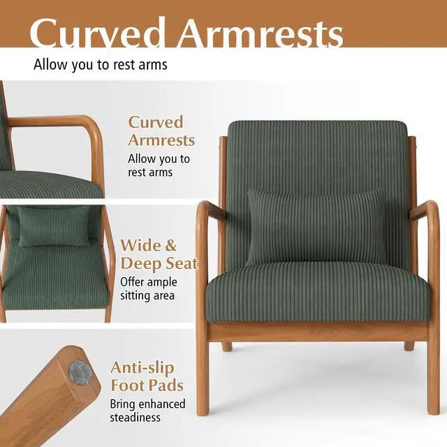 Alt view image 5 of 7 - GIANTEX Modern Accent Chair, Corduroy Upholstered Lounge Chair with Rubber Wood Armrests, Lumbar Pillow, Sponge Padded Seat Cushion, Comfy Reading Chair for Living Room, Bedroom (2,Green + Brown)