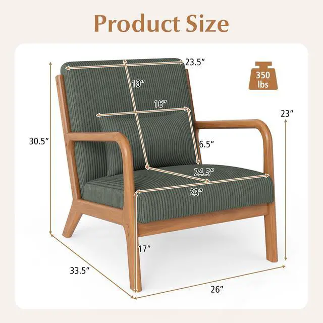 Alt view image 6 of 7 - GIANTEX Modern Accent Chair, Corduroy Upholstered Lounge Chair with Rubber Wood Armrests, Lumbar Pillow, Sponge Padded Seat Cushion, Comfy Reading Chair for Living Room, Bedroom (2,Green + Brown)