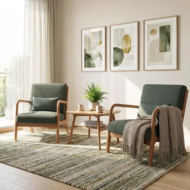 Alt view image 7 of 7 - GIANTEX Modern Accent Chair, Corduroy Upholstered Lounge Chair with Rubber Wood Armrests, Lumbar Pillow, Sponge Padded Seat Cushion, Comfy Reading Chair for Living Room, Bedroom (2,Green + Brown)