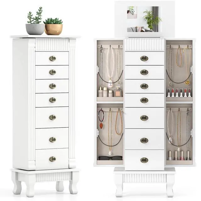 Main image of Giantex Standing Jewelry Cabinet with 7 Drawers, Flip-Top Mirror, 2 Side Doors with 12 Necklace Hooks, Divided Ring Compartments, Velvet-Lined Jewelry Armoire Organizer Chest (White)