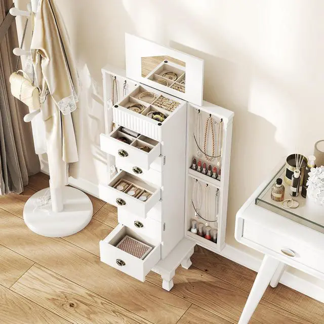 Alt view image 3 of 7 - Giantex Standing Jewelry Cabinet with 7 Drawers, Flip-Top Mirror, 2 Side Doors with 12 Necklace Hooks, Divided Ring Compartments, Velvet-Lined Jewelry Armoire Organizer Chest (White)
