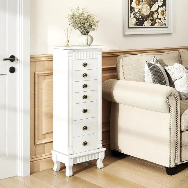 Alt view image 4 of 7 - Giantex Standing Jewelry Cabinet with 7 Drawers, Flip-Top Mirror, 2 Side Doors with 12 Necklace Hooks, Divided Ring Compartments, Velvet-Lined Jewelry Armoire Organizer Chest (White)