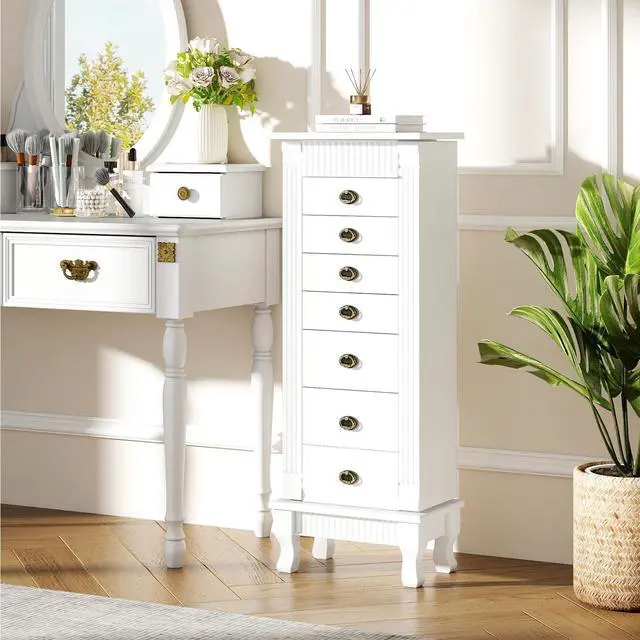 Alt view image 2 of 7 - Giantex Standing Jewelry Cabinet with 7 Drawers, Flip-Top Mirror, 2 Side Doors with 12 Necklace Hooks, Divided Ring Compartments, Velvet-Lined Jewelry Armoire Organizer Chest (White)