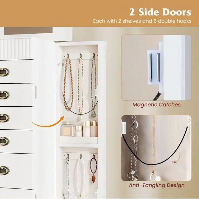 Alt view image 6 of 7 - Giantex Standing Jewelry Cabinet with 7 Drawers, Flip-Top Mirror, 2 Side Doors with 12 Necklace Hooks, Divided Ring Compartments, Velvet-Lined Jewelry Armoire Organizer Chest (White)