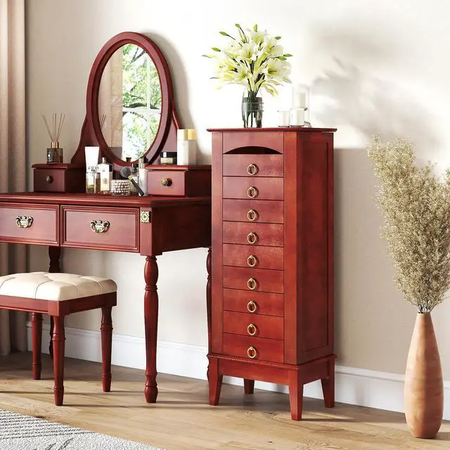 Alt view image 2 of 7 - Giantex Standing Jewelry Cabinet with 9 Drawers, Flip Top Mirror, 2 Side Doors with Necklace Hooks, Top Divided Tray with Ring Slots, Velvet-Lined Jewelry Armoire Organizer Storage Chest, Cherry
