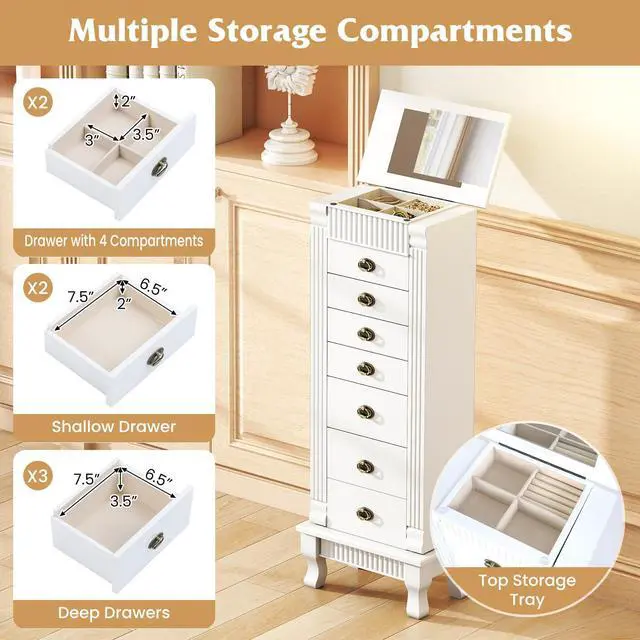 Alt view image 5 of 7 - Giantex Standing Jewelry Cabinet with 7 Drawers, Flip-Top Mirror, 2 Side Doors with 12 Necklace Hooks, Divided Ring Compartments, Velvet-Lined Jewelry Armoire Organizer Chest (White)