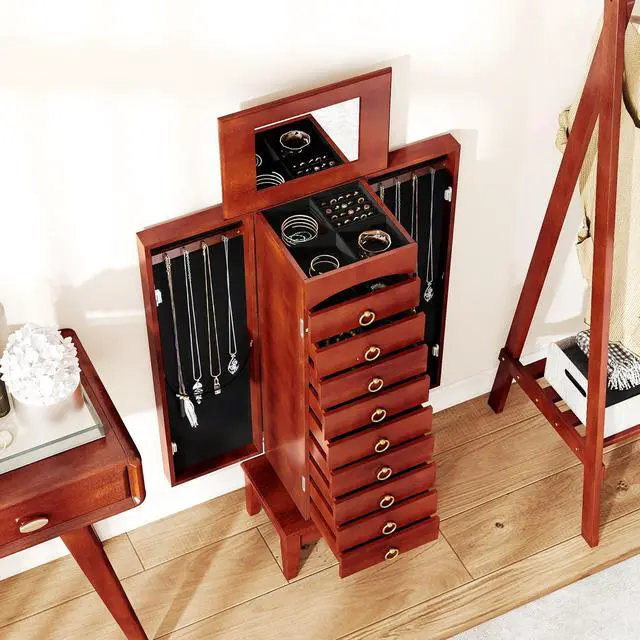 Alt view image 3 of 7 - Giantex Standing Jewelry Cabinet with 9 Drawers, Flip Top Mirror, 2 Side Doors with Necklace Hooks, Top Divided Tray with Ring Slots, Velvet-Lined Jewelry Armoire Organizer Storage Chest, Cherry