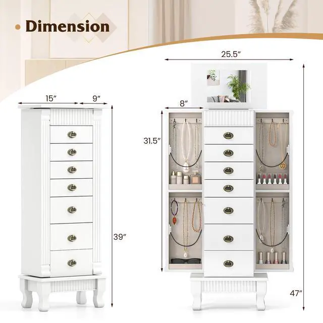 Alt view image 7 of 7 - Giantex Standing Jewelry Cabinet with 7 Drawers, Flip-Top Mirror, 2 Side Doors with 12 Necklace Hooks, Divided Ring Compartments, Velvet-Lined Jewelry Armoire Organizer Chest (White)