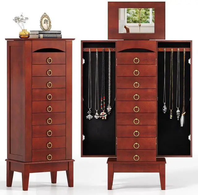 Main image of Giantex Standing Jewelry Cabinet with 9 Drawers, Flip Top Mirror, 2 Side Doors with Necklace Hooks, Top Divided Tray with Ring Slots, Velvet-Lined Jewelry Armoire Organizer Storage Chest, Cherry
