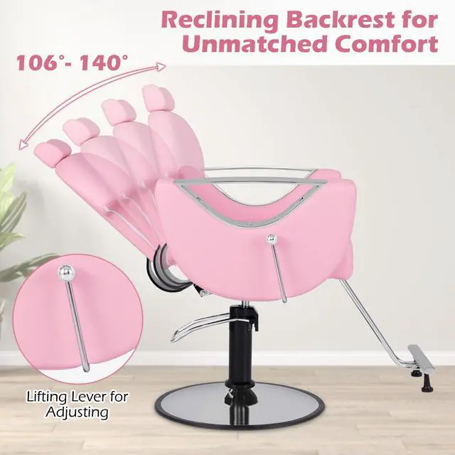 Alt view image 3 of 7 - Giantex Reclining Barber Chair - Salon Chair for Hair Stylist, 360 Degrees Swivel, Adjustable Height & Headrest, Heavy Duty Hydraulic Pump, Hair Styling Chair for Makeup Facial Waxing Tattoo (Pink)