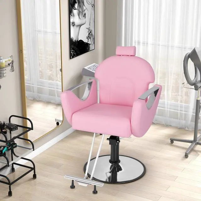 Alt view image 2 of 7 - Giantex Reclining Barber Chair - Salon Chair for Hair Stylist, 360 Degrees Swivel, Adjustable Height & Headrest, Heavy Duty Hydraulic Pump, Hair Styling Chair for Makeup Facial Waxing Tattoo (Pink)