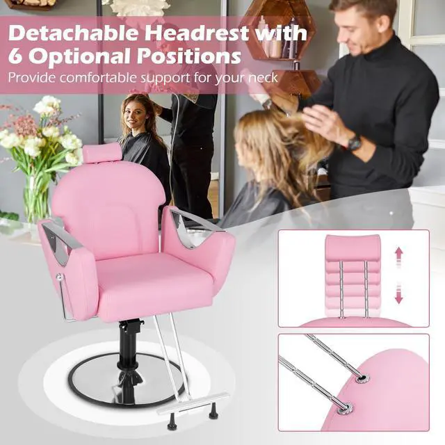 Alt view image 5 of 7 - Giantex Reclining Barber Chair - Salon Chair for Hair Stylist, 360 Degrees Swivel, Adjustable Height & Headrest, Heavy Duty Hydraulic Pump, Hair Styling Chair for Makeup Facial Waxing Tattoo (Pink)