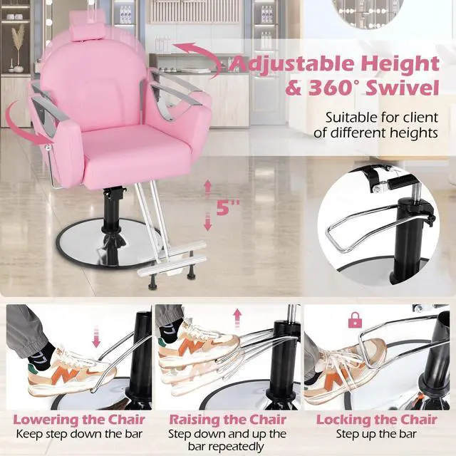 Alt view image 4 of 7 - Giantex Reclining Barber Chair - Salon Chair for Hair Stylist, 360 Degrees Swivel, Adjustable Height & Headrest, Heavy Duty Hydraulic Pump, Hair Styling Chair for Makeup Facial Waxing Tattoo (Pink)