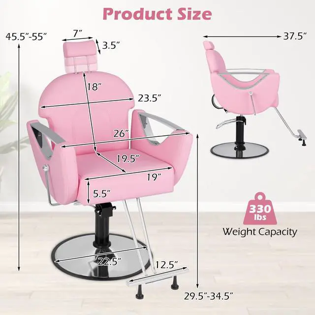 Alt view image 6 of 7 - Giantex Reclining Barber Chair - Salon Chair for Hair Stylist, 360 Degrees Swivel, Adjustable Height & Headrest, Heavy Duty Hydraulic Pump, Hair Styling Chair for Makeup Facial Waxing Tattoo (Pink)