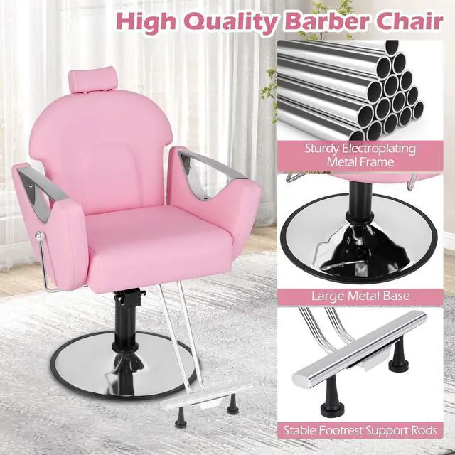 Alt view image 7 of 7 - Giantex Reclining Barber Chair - Salon Chair for Hair Stylist, 360 Degrees Swivel, Adjustable Height & Headrest, Heavy Duty Hydraulic Pump, Hair Styling Chair for Makeup Facial Waxing Tattoo (Pink)