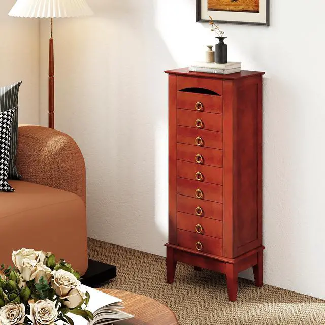 Alt view image 4 of 7 - Giantex Standing Jewelry Cabinet with 9 Drawers, Flip Top Mirror, 2 Side Doors with Necklace Hooks, Top Divided Tray with Ring Slots, Velvet-Lined Jewelry Armoire Organizer Storage Chest, Cherry
