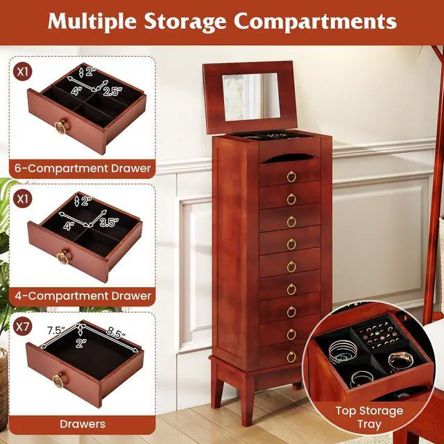 Alt view image 5 of 7 - Giantex Standing Jewelry Cabinet with 9 Drawers, Flip Top Mirror, 2 Side Doors with Necklace Hooks, Top Divided Tray with Ring Slots, Velvet-Lined Jewelry Armoire Organizer Storage Chest, Cherry