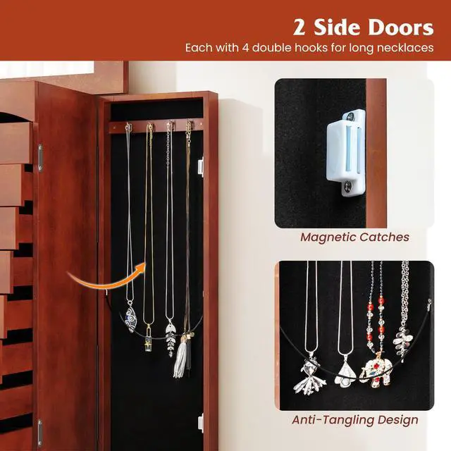 Alt view image 6 of 7 - Giantex Standing Jewelry Cabinet with 9 Drawers, Flip Top Mirror, 2 Side Doors with Necklace Hooks, Top Divided Tray with Ring Slots, Velvet-Lined Jewelry Armoire Organizer Storage Chest, Cherry