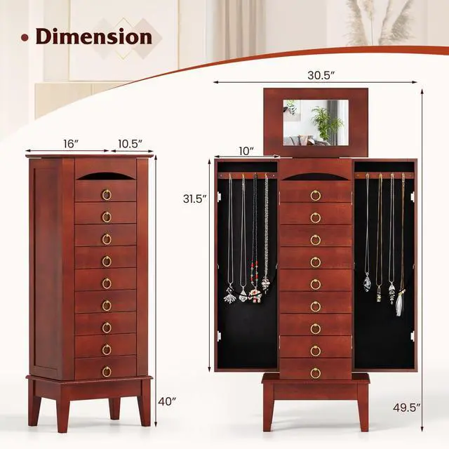 Alt view image 7 of 7 - Giantex Standing Jewelry Cabinet with 9 Drawers, Flip Top Mirror, 2 Side Doors with Necklace Hooks, Top Divided Tray with Ring Slots, Velvet-Lined Jewelry Armoire Organizer Storage Chest, Cherry