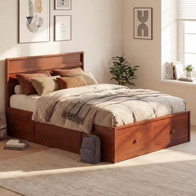 Alt view image 4 of 4 - Giantex Full Size Bed Frame with Storage Drawers, Walnut