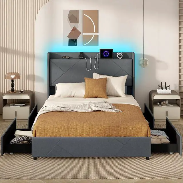 Main image of Giantex Queen Bed Frame with 4 Storage Drawers & LED Lights, Upholstered Platform Bed with Wingback Headboard & Charging Station, Wooden Slats, Easy Assembly, Grey