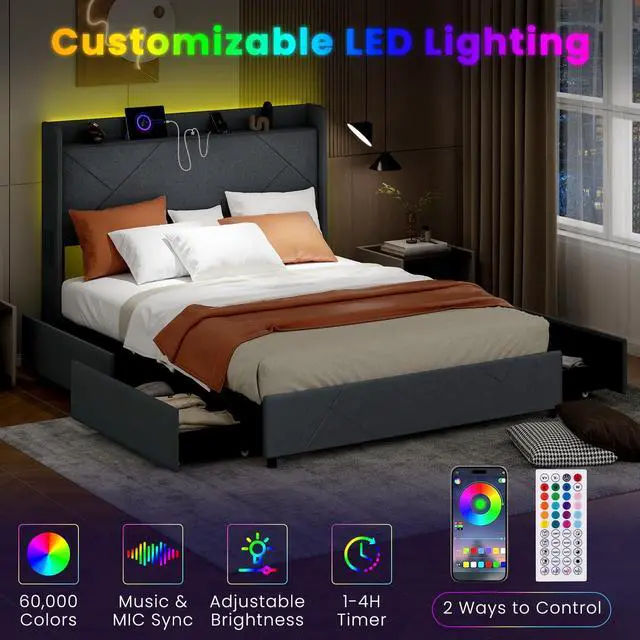 Alt view image 2 of 7 - Giantex Queen Bed Frame with 4 Storage Drawers & LED Lights, Upholstered Platform Bed with Wingback Headboard & Charging Station, Wooden Slats, Easy Assembly, Grey