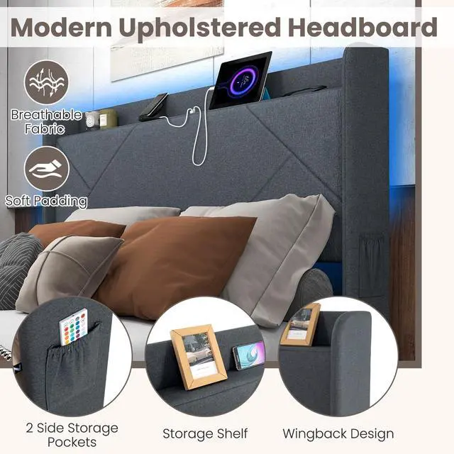Alt view image 3 of 7 - Giantex Queen Bed Frame with 4 Storage Drawers & LED Lights, Upholstered Platform Bed with Wingback Headboard & Charging Station, Wooden Slats, Easy Assembly, Grey