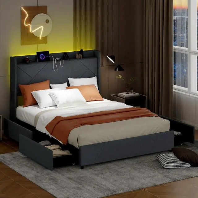 Alt view image 7 of 7 - Giantex Queen Bed Frame with 4 Storage Drawers & LED Lights, Upholstered Platform Bed with Wingback Headboard & Charging Station, Wooden Slats, Easy Assembly, Grey