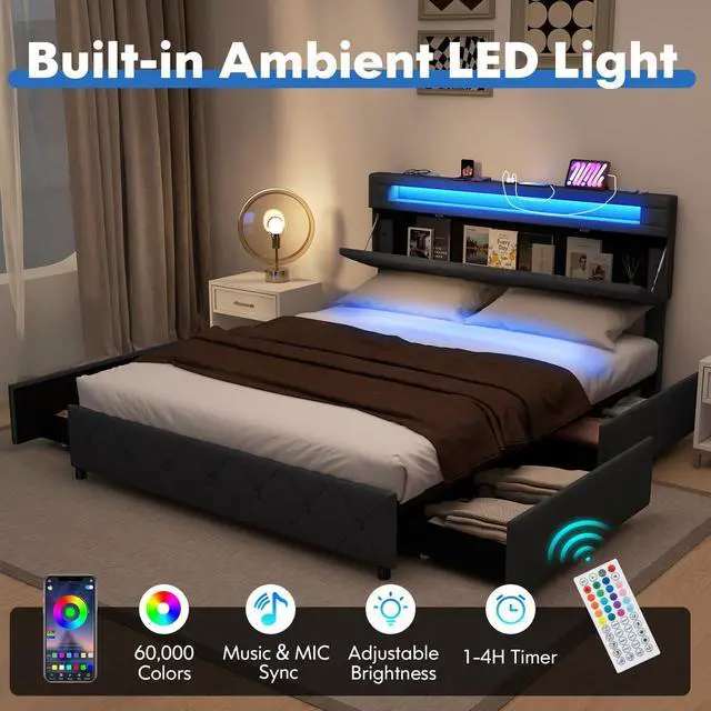 Alt view image 2 of 7 - Giantex Queen Bed Frame with Storage Headboard and 4 Drawers, Modern Upholstered Platform Bed with Charging Station & Led Lights, Queen Storage Bed w/Wood Slat Support, No Box Spring Needed, Grey