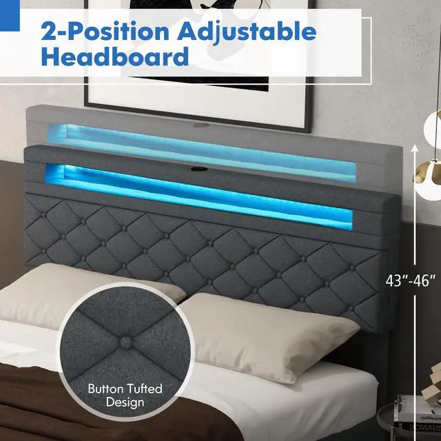 Alt view image 4 of 7 - Giantex Queen Bed Frame with Storage Headboard and 4 Drawers, Modern Upholstered Platform Bed with Charging Station & Led Lights, Queen Storage Bed w/Wood Slat Support, No Box Spring Needed, Grey