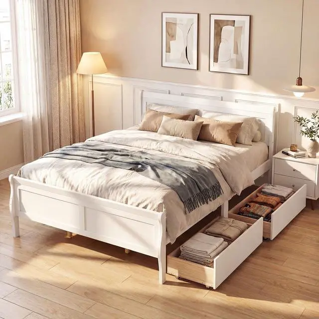 Alt view image 2 of 7 - Giantex Queen Bed Frame with 2 Storage Drawers, Wood Platform Bed w/Headboard & Footboard, Wooden Slats Support Mattress Foundation, Sleigh Bedframe for Teens Adults, No Box Spring Needed (White)