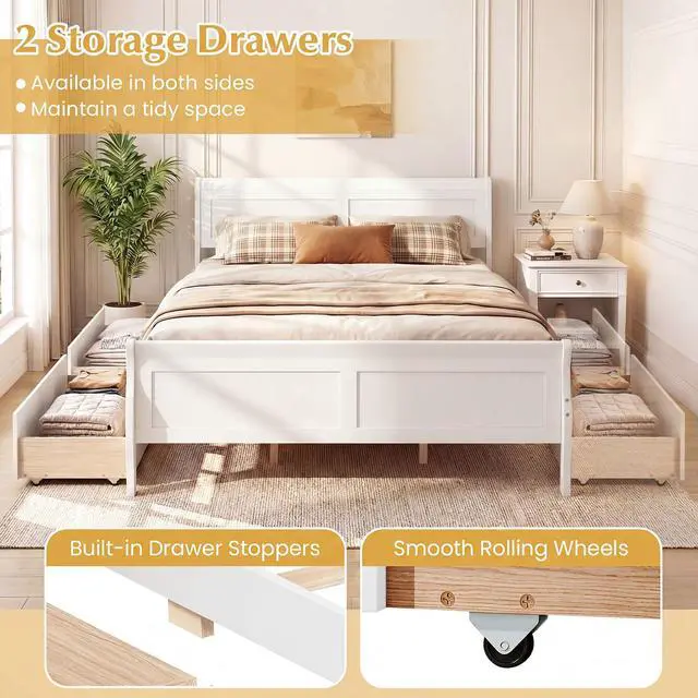 Alt view image 4 of 7 - Giantex Queen Bed Frame with 2 Storage Drawers, Wood Platform Bed w/Headboard & Footboard, Wooden Slats Support Mattress Foundation, Sleigh Bedframe for Teens Adults, No Box Spring Needed (White)