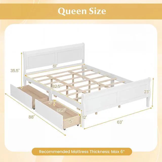 Alt view image 3 of 7 - Giantex Queen Bed Frame with 2 Storage Drawers, Wood Platform Bed w/Headboard & Footboard, Wooden Slats Support Mattress Foundation, Sleigh Bedframe for Teens Adults, No Box Spring Needed (White)