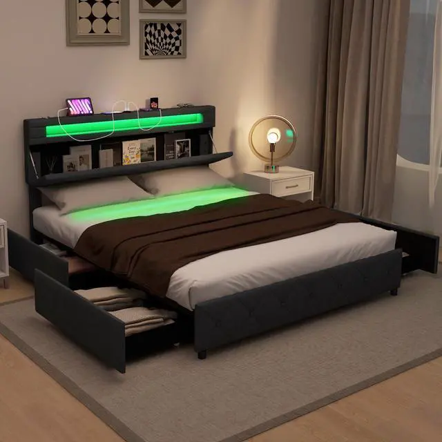 Alt view image 7 of 7 - Giantex Queen Bed Frame with Storage Headboard and 4 Drawers, Modern Upholstered Platform Bed with Charging Station & Led Lights, Queen Storage Bed w/Wood Slat Support, No Box Spring Needed, Grey