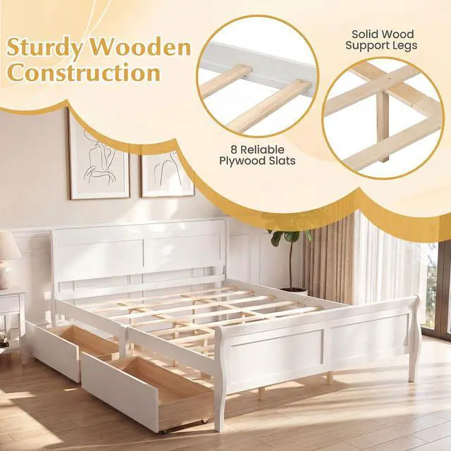 Alt view image 5 of 7 - Giantex Queen Bed Frame with 2 Storage Drawers, Wood Platform Bed w/Headboard & Footboard, Wooden Slats Support Mattress Foundation, Sleigh Bedframe for Teens Adults, No Box Spring Needed (White)