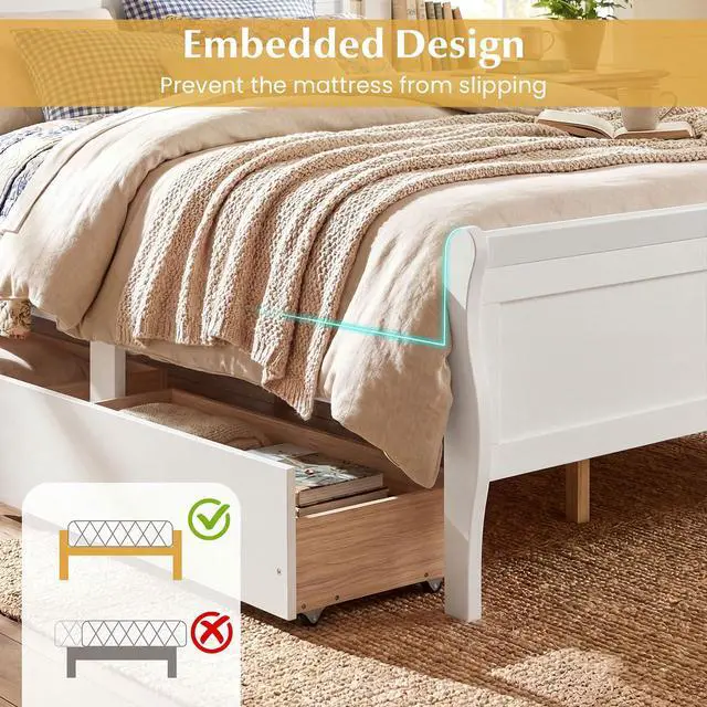 Alt view image 6 of 7 - Giantex Queen Bed Frame with 2 Storage Drawers, Wood Platform Bed w/Headboard & Footboard, Wooden Slats Support Mattress Foundation, Sleigh Bedframe for Teens Adults, No Box Spring Needed (White)