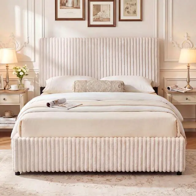 Alt view image 2 of 7 - Giantex Queen Size Lift Up Storage Bed, Modern Corduroy Upholstered Platform w/Wingback Headboard, Hydraulic Support, Queen Bed Frame with Storage, No Box Spring Needed (Beige)