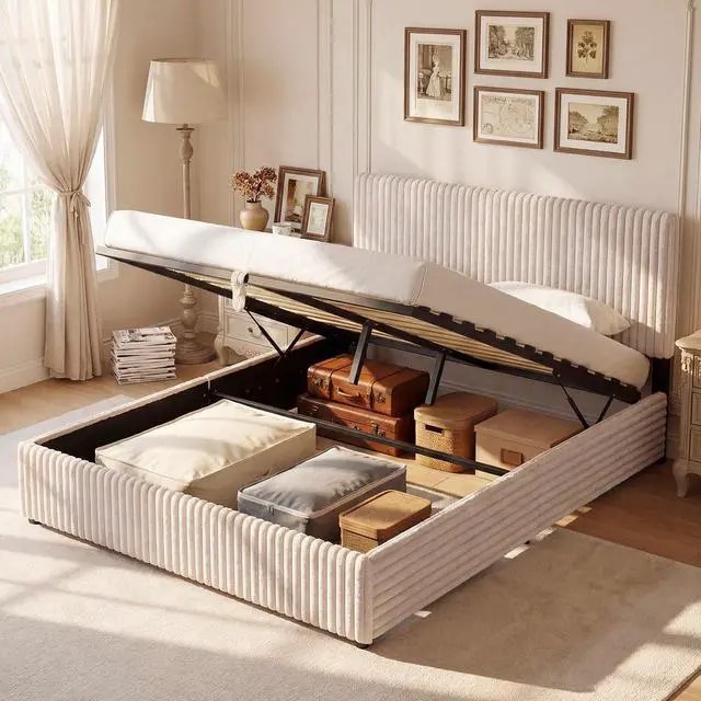 Main image of Giantex Queen Size Lift Up Storage Bed, Modern Corduroy Upholstered Platform w/Wingback Headboard, Hydraulic Support, Queen Bed Frame with Storage, No Box Spring Needed (Beige)