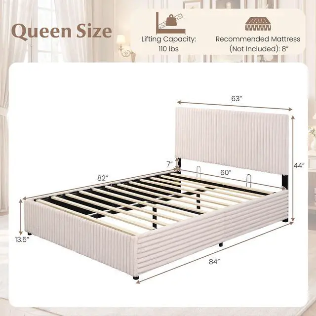 Alt view image 3 of 7 - Giantex Queen Size Lift Up Storage Bed, Modern Corduroy Upholstered Platform w/Wingback Headboard, Hydraulic Support, Queen Bed Frame with Storage, No Box Spring Needed (Beige)